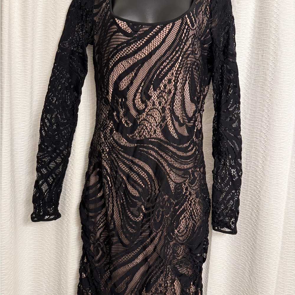 BCBGMaxAzria Black lace Embellished Long Sleeve Bodycon Dress